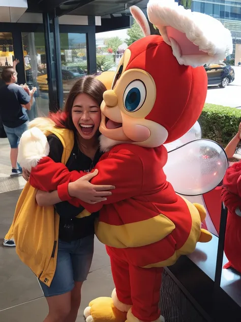 mascot hugging a scared girl, mouth open