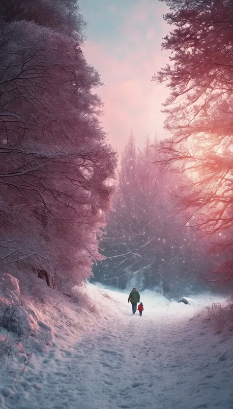 Winters，Secluded path，Snowy，the woods，Family of three，