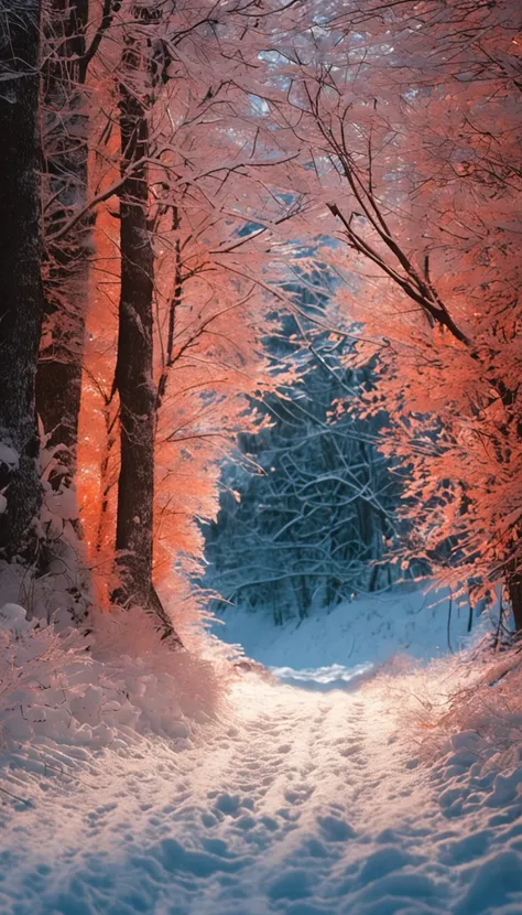 Winters，Secluded path，Snowy，the woods，Family of three，