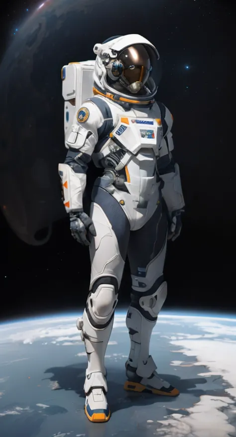 white backgrounid，Alfield astronaut station in a spacesuit, White spacesuit，A small amount of black，Orange decorative stripes，interstellar space suit, modern spacesuit, futuristic spacesuit, Space pressurized suit, fully space suited, detailed space suit, ...