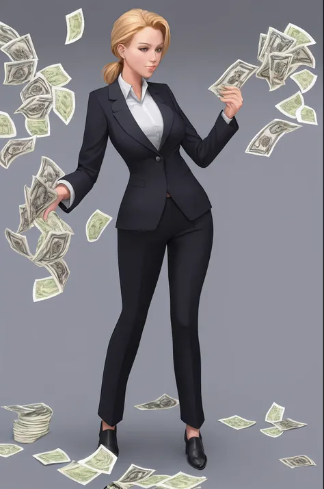 Full body view, banker Lady, decent suit spriding money, HD artwork, 8k rendering, transparent background.