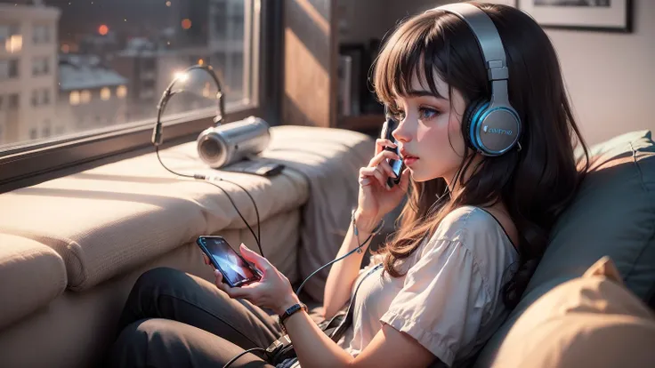 arafed girl with headphones sitting on a couch in a room, ASMR, window showing Galaxy, menina usando fones de ouvido, Listening to music, listening to godly music, Fones de ouvido ligados, retrato de alta qualidade, vibing to music, Usando fones de ouvido,...