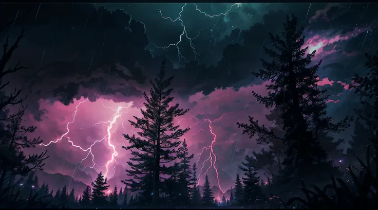 expansive landscape photography a shadowy forest in the middle of the night during a rainy storm with lightning and thunder illuminating in the rain a lightning bolt cutting through the gloomy sky seen from within the forest amid the trees with depth and d...