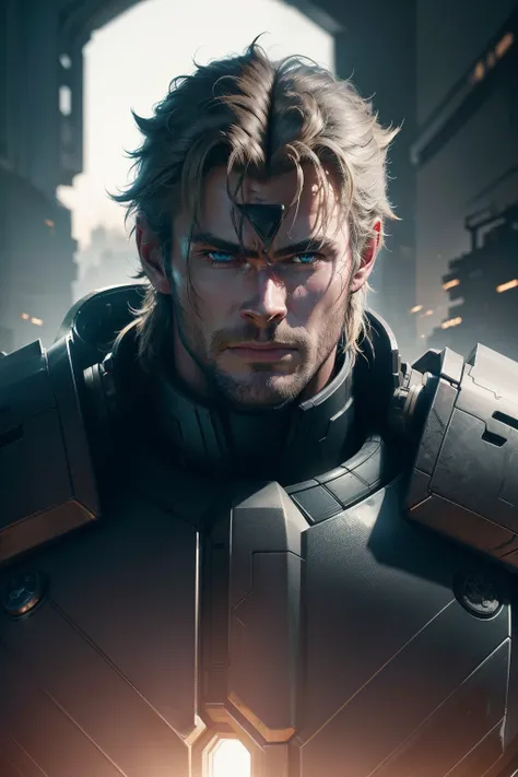 Chris Hemsworth as apocalypse hunter,highly detailed face, sci-fi cyberpunk power armor robot, close-up cinematic portrait, 8k, hdr, ((intricate details, extreme detail)) (backlit:1.3), (cinematic:1.3), (ArtStation) :1.3) )