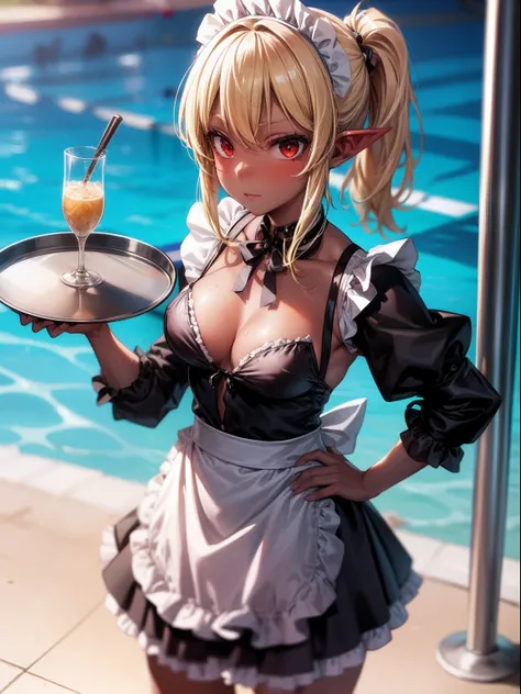 1girl,solo,blonde hairs,low ponytail, red eyes,black skin ,maid bikini,maid skirt, tray in hand,poolside,beach chair,standing,pointy ears,hand on hip,cowboy  shoot,