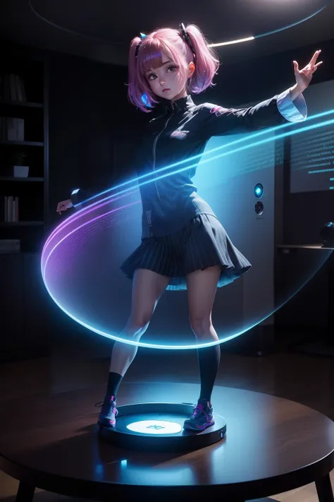 Cylindrical smart speaker on table, Hologram anime girl character projected from speaker, Characters dancing and posing in a room, No humans, Hologram text and projector only, Furniture and communication