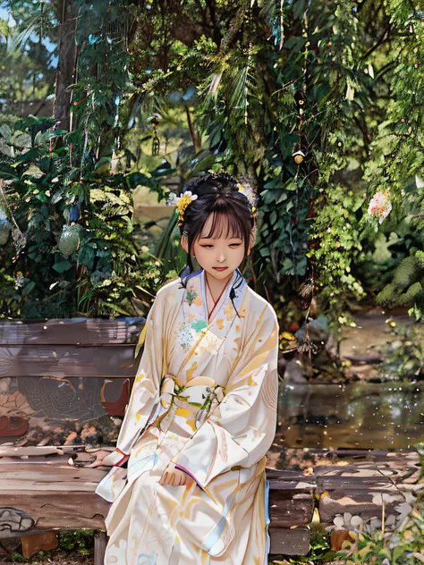 Woman in traditional dress sitting on a park bench, Palace ， A girl in Hanfu, Hanfu, White Hanfu, pale and coloured kimono, komono, with acient chinese clothes, author：Yu Zheding, by Yang J, By Leng Mei, in a kimono, Guviz, by Ai Xuan, komono, author：Zhou ...