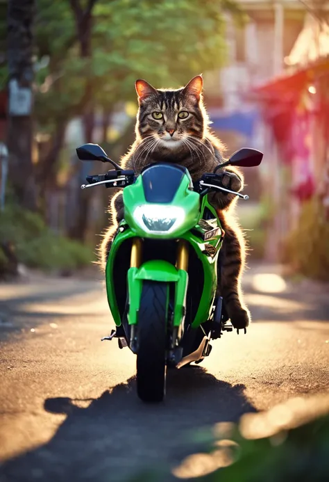 CAT RIDING KAWASAKI MOTORCYCLE