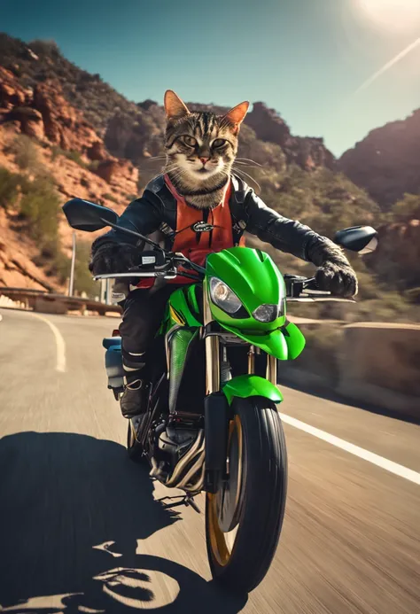 CAT RIDING KAWASAKI MOTORCYCLE