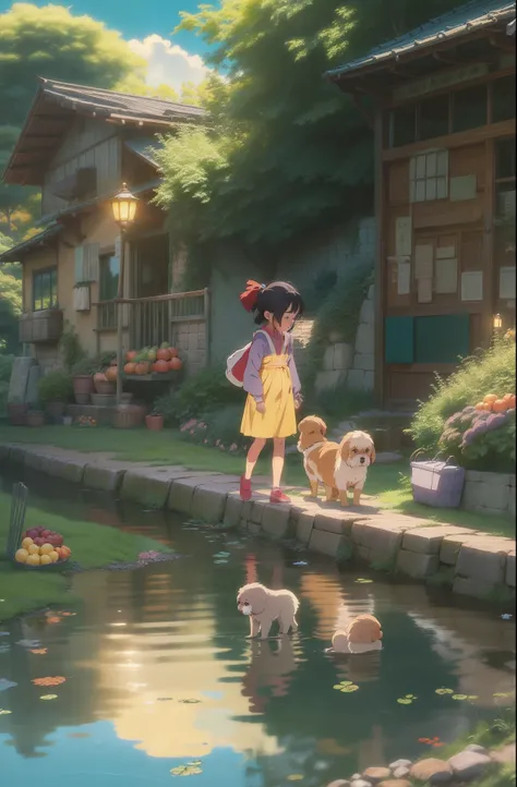 Ghibli-like colors, Anime style, Cinematic lighting, reflective light, Masterpiece scene of country children playing by the river，There are fruits and vegetables，There are puppies，There are insects，Super healing，in style of hayao miyazaki，（Sunshine 1.1）