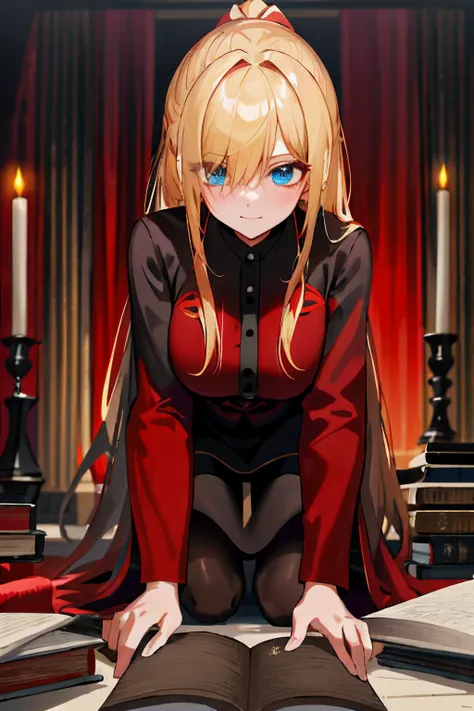 ((masterpiece,best quality)), High quality face, High quality eyes, 4k, Clear face, High resolution eyes, Kizi, Black and red dress, royal robe, Black tights, blond hairbl, Vampires, anime big breast, the night, Inside the castle，double-ponytail，shairband，...