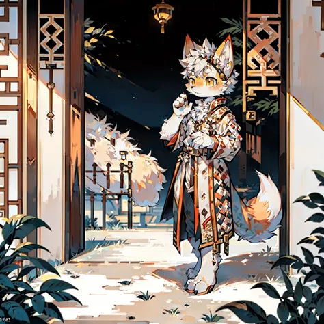 Fox Boy，yellow-eyed，White color hair，Yellow fur，Traditional Chinese clothing，palaces，prince