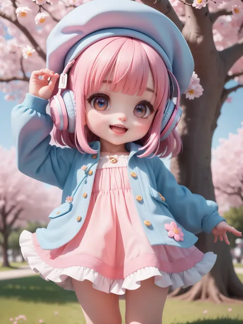 (masterpiece), (best quality), (ultra-detailed), (full body:1.2),
1girl, chibi, cute, smile, open mouth,
flower, outdoors, music, beret, light blue jacket, blush, tree :3, dress shirt, cherry blossoms, light blue little headwear, blurry, (pink middle bob),...