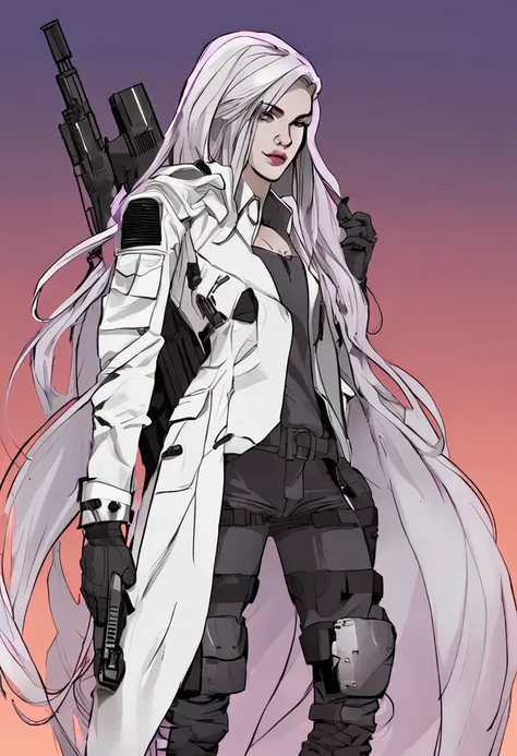 Two-dimensional woman，Long white silky hair，Purple pupils，White trench coat with black hard vest armor，A tactical belt hangs a black pocket，Black slim trousers with leggings，A pair of black tactical high-top boots