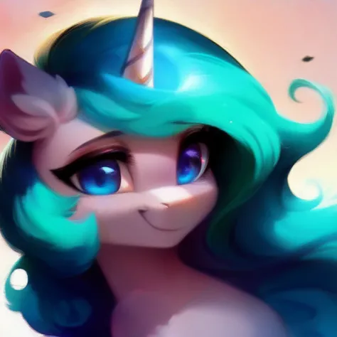 rating_safe，score_9,a cute pony,（（black skin））,Long dark turquoise mane, Very long mane,（（ flowing mane））,beautidful blue eyes，Fold ears，smile,unicorn， Intricate details，black flowers，Feminine characteristics，BRIGHT EYES，Black head flower