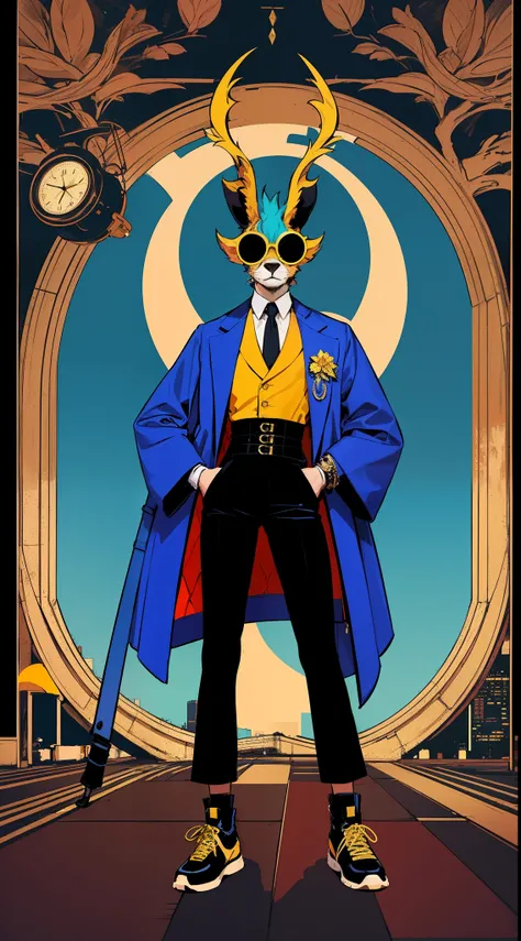 funkypop,wide shot,(anthropomorphism art,future fashion style:1.25),male furry antelope wearing pop art fashion with Abbasid Caliphate color design,Furry claws and body,antelope ears,antelope tail,above knee portriat,Sunglasses,top hat,Holding a cane in th...