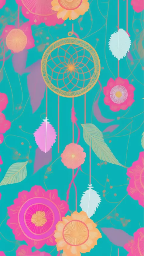 A colorful flower pattern with a dream catcher on a blue background, dream catcher, dream catcher, pink and turquoise green, floral wallpaper, wallpaper design, dreamy and detailed, beautiful wallpaper, phone background, tapestry of dreams, flower dream, m...