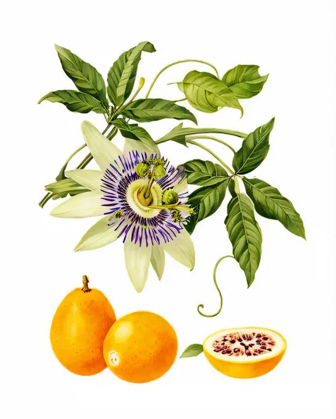 um close up de uma pintura de uma flor e fruta, botanical illustration, botanical art, passion fruit, an illustration of, Passion Flower, illustration", botanical art, fine illustration, Directed by: Rudolf Koller, Directed by: Hans von Bartels, frutas e f...