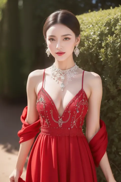 ((8k，A high resolution，Very detailed faces，Intricate details throughout the body，动态照明，photography of，poster for))((The full body photo is very detailed))
being in the grassland，A charming woman wears a gorgeous red dress。This dress is superbly cut，It revea...