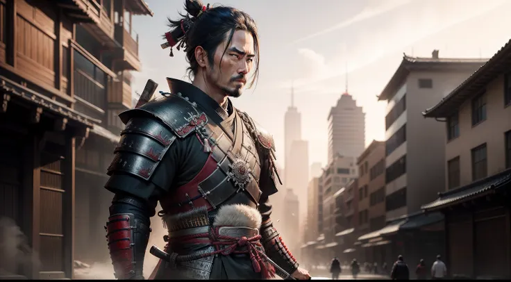 create a realistic image of a samurai arriving in a city