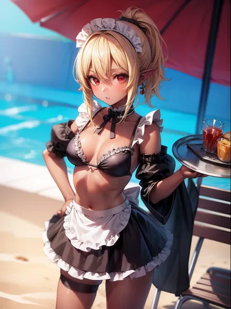 1girl,solo,blonde hairs,low ponytail, red eyes,black skin ,maid bikini,maid skirt, tray in hand,poolside,beach chair,standing,pointy ears,hand on hip,cowboy  shoot,