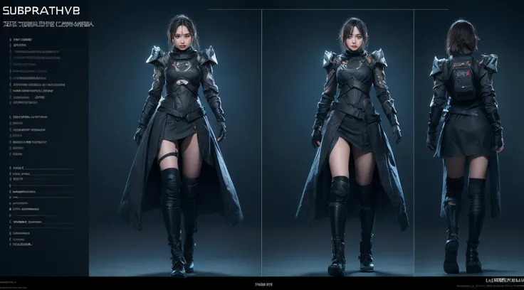 character chart, reference sheet, multiple views, move chart, award winning，character design，juesesheji，3D, A beautiful cyberpunk female image,battledress，hdr（HighDynamicRange）,Ray traching,NVIDIA RTX,Hyper-Resolution,Unreal 5,Subsurface scattering、PBR Tex...