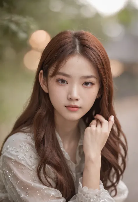 18-year-old Chinese teenager，Starry eyes，reddish brown hair，Close-up of the shot