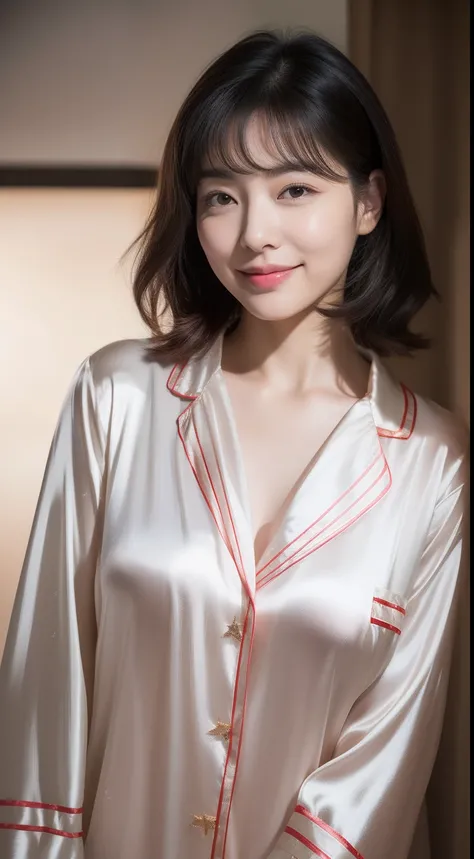 realistic photos of 1 cute Korean star, medium hair, hair flying, white skin, thin makeup, 32 inch breasts size, slightly smile, wearing silk pyjamas, in front of wardrobe, close-up, portrait, Abstract expressionism, UHD