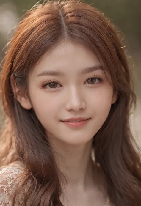 18-year-old Chinese teenager，Starry eyes，reddish brown hair，Close-up of the shot、a smile