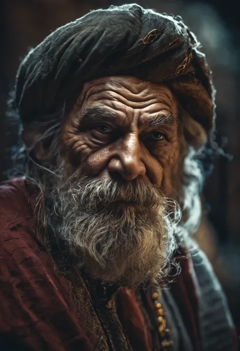 A portrait of a wizard, bearded, wrinkled, weathered, with piercing eyes, detailed face, high details, photography, dark studio, rim light, Nikon D850, 50mm, f/1.4