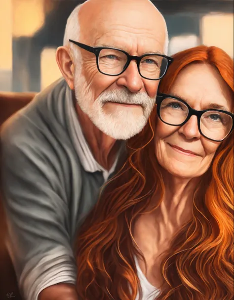 couple in sun light, he is 55 years, bald, short beard, black eyeglasses, she is 37 years, ginger hair, freckles. --auto --s2