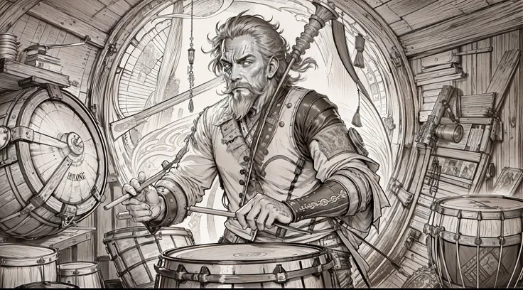 Middle-aged man holding a drum stick。a pirate，leather clothes，ripped jeans。Play a drum kit in the cabin。frenzied，Rock。An Alphonse Muchas（Alphonse Mucha）Art of，sketching，Character lines and scenes without colors and shadows。 （tmasterpiece，best qualtiy，A hig...