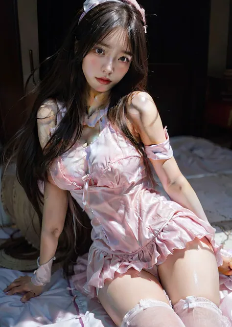 top-quality、Sensual depictions、Holding a sword、Close up portrait of a person in white armor, shining pink armor, , １６Year old girl、of young faces１６Year old girl、Seductive Girl, , anime cover, best girl, finely detail,Pink leotard、Pink mini pleated skirt、""...