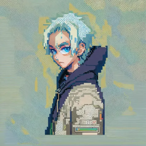 ((The style of pixel art)), pix, 4-bit pixel art, 1 Boys close, Face only, Beige hair, blue hairs, Blue eyes,  choker necklace,Loose hoodie,Black hoodie， Pixel official art, absurd res, view the viewer, solofocus, Dynamic Angle, Head tilt, , Ultra-fine pix...