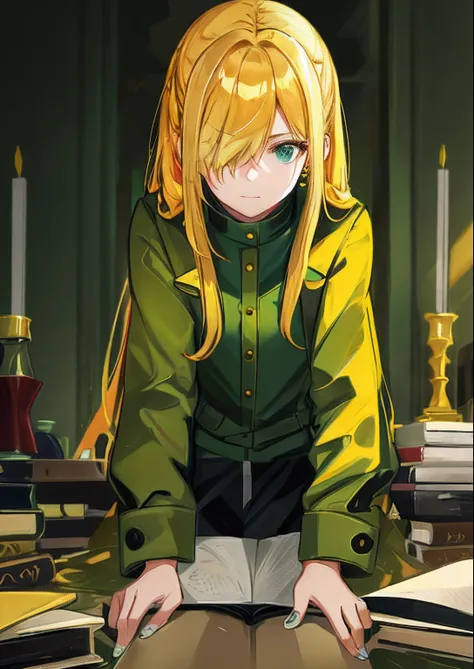 golden hair，Two ponytails，Green coat，Cool girl，