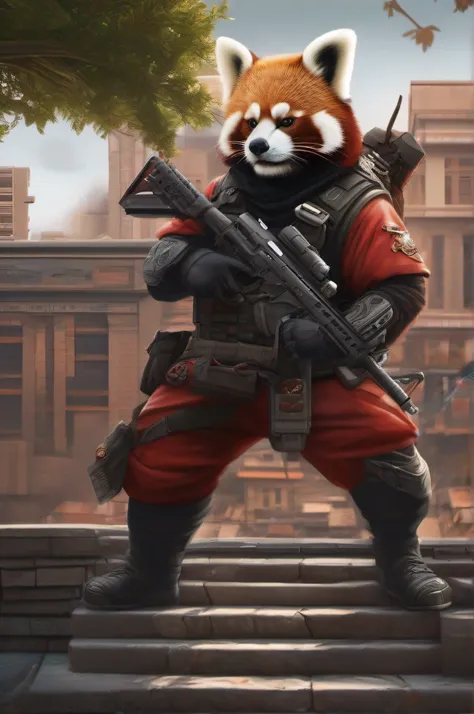 a red panda ninja with a gun and tactical gear on the top of the building, hyper realistic art