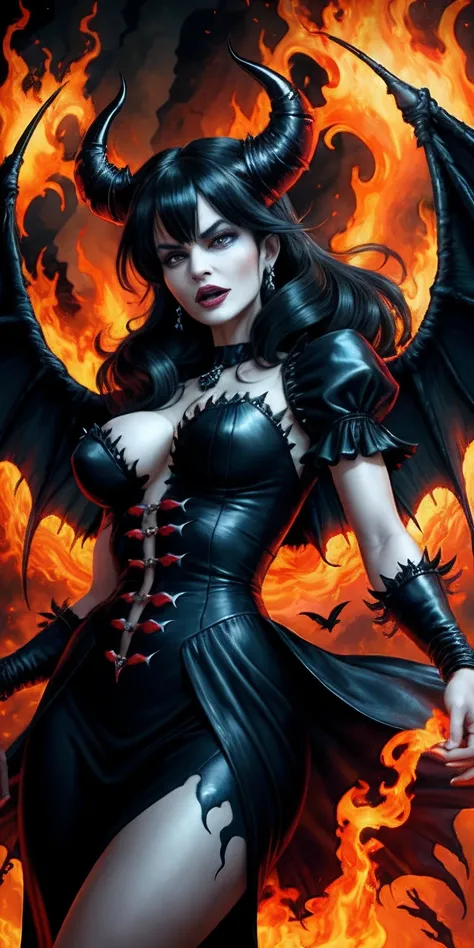 Ultra-detailed Lisa Ann stands atop a pile of burning ruins, Her diabolical and insidious presence radiating from her dark crown and black and red evil queen dress..... Her demon wings on her back and demon horn give her an invincible aura as she unleashes...