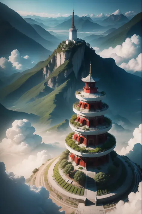 Creative illustration of Wutaishan landscape；k hd；buddhism；Pray for peace and joy；Great White Tower