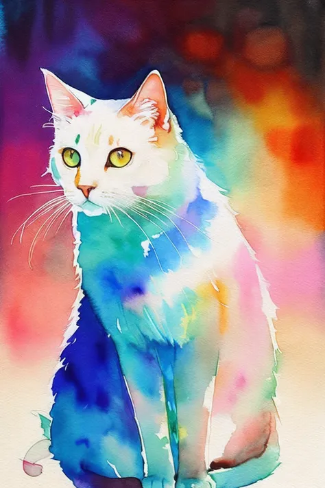 Watercolor style cat painting, agnes cecile、Bright design、PastelColors、Ink dripping、autumn lights