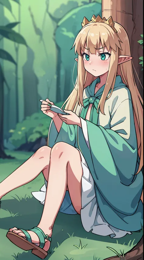 hiquality, tmasterpiece (One Elven Princess) High. long ears, blonde woman, a small crown on the head, Cyan eyes, Sullen face. Green hunting cloak, Sandals. in front of a forest background.