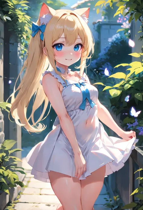 Cat-eared girl in white dress standing in garden, BREAK，Blonde long hair，blue eyes，(((Sleeveless))), smiling mischievously, cleavage of the breast，((Pull up your skirt to show your panties))，loli in dress, small curvy loli, (Chibi:1.3), artwork in the styl...