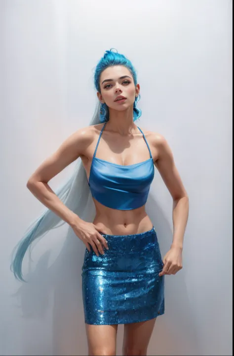 uma mulher em um top azul e saia posando para uma foto, Titular Top, Titular Top, usando um top cropped sexy, uma saia azul, halter neck, usando um top cropped, Lingerie azul brilhante brilhante, Lantejoulas, roupa azul, tecidos cintilantes fluidos, usando...