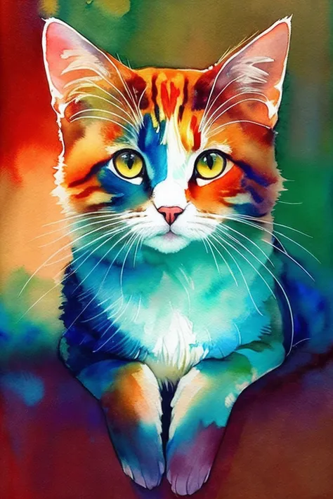 Watercolor style cat painting, agnes cecile、Bright design、PastelColors、Ink dripping、autumn lights