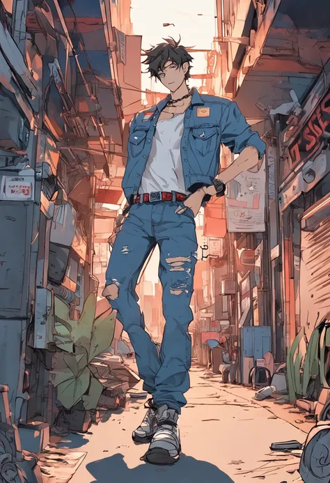 anime boy wearing sexy denim cutout ripped jumpsuit