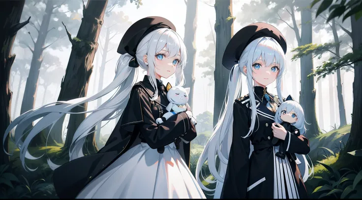 one-girl，long  white hair，beret，ssmile，Blue and white pupils ，Holding a cartoon doll，looking at viewert，White shirt，black black jacket，black glove，on a rainy day，Low double ponytail，In the forest，Two-dimensional painting style，Anime comic style，