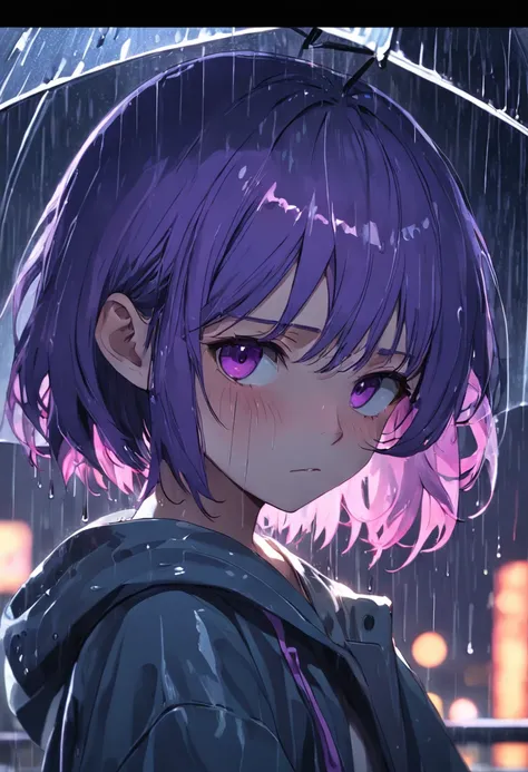 rainy days,Dim Room,Faint lighting,A boy was crying,bob hair cut,Purple colored hair