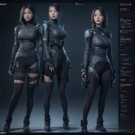 column lineup, cinematic lighting, depth of field, high quality, best quality，award winning，character  design，juesesheji，3D, A beautiful cyberpunk female image,battledress，hdr（HighDynamicRange）,Ray traching,NVIDIA RTX,Hyper-Resolution,Unreal 5,Subsurface s...