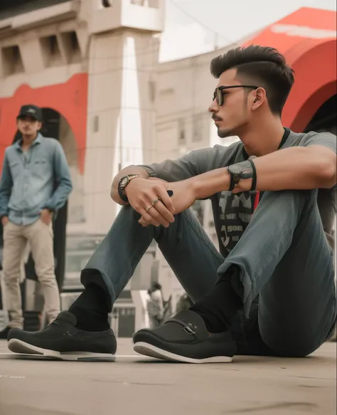 there is a man sitting on the ground with his feet crossed, casual photography, stylish pose, candid picture, full body photogenic shot, photography style, shot on nikon z9, very artistic pose, modeling shoot, handsome man, with a cool pose, candid photogr...