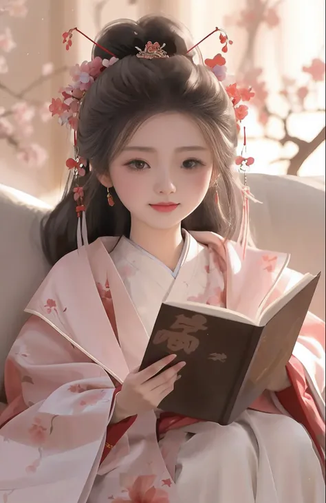 Arapei girl in kimono sitting on sofa reading a book, Palace ， A girl in Hanfu, Guviz-style artwork, Guviz, Beautiful character painting, Soft anime illustration, Hanfu, Beautiful digital illustration, Cute detailed digital art, Digital anime illustration,...