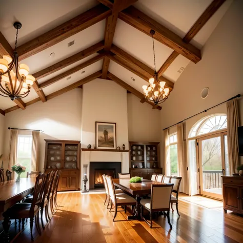 dining room with fireplace with Ceiling Beams and Lighting Fixtures